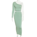 Detail of mint green two-piece set featuring one-shoulder crop top and high waist maxi skirt - S / Top And Bottom / Green