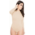 Slim fit beige long sleeve bodysuit with crew neck and high cut leg for women - Apricot