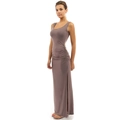 Detail view of mauve maxi dress featuring side shirring and a high side leg slit - Apricot