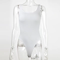 Close-up of white ribbed knit sleeveless bodysuit with a U-neckline and high-cut leg design - S / White