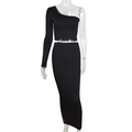 Detail of black two-piece set featuring one-shoulder long sleeve top and high waist maxi skirt - S / Top And Bottom / Black
