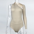 Detailed view of apricot bodysuit with asymmetrical shoulder and long sleeve design - S / Apricot