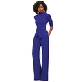 Royal blue wide leg jumpsuit with turtleneck, half sleeves and high waist tie belt - Blue