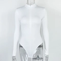 Detailed view of white long sleeve bodysuit featuring half-zip and mock neckline - S / White