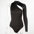 Detail of black one-shoulder bodysuit featuring asymmetric long sleeve and cutout neckline - M / Black