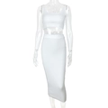 Detail of white ribbed knit two-piece set featuring crop tank top and high waist pencil skirt - L / White