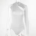 Close-up of white one-shoulder bodysuit with long sleeve and glossy elastic fabric - M / White