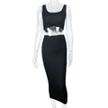Detail of black rib-knit fabric on two-piece crop top and high waist midi skirt set - S / Black
