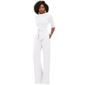 Eleganter weißer Jumpsuit mit Stehkragen, Taillengürtel und weitem Bein für Damen - S / Weiß