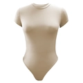 Slim fit beige short sleeve bodysuit with a round neck and smooth jersey fabric - S / Khaki