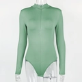 Detail of sage green long sleeve bodysuit featuring front zipper and stand collar - S / Green