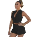 Sleeveless black romper with gold buttons and brown faux leather waist belt - S / Set / Black