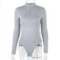 Close-up of mock neck and half-zipper on grey long-sleeved thermal bodysuit tops - S / Gray