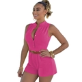 Chic sleeveless rose pink romper with stand collar, button closure and brown waist belt - S / Rompers / Rose Red