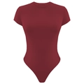Slim fit burgundy crew neck short sleeve bodysuit with high cut closure for women - Burgundy