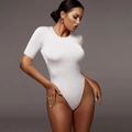 Close-up of white short sleeve bodysuit featuring high-cut leg and crew neck - S / White