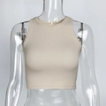 Close-up of the beige ribbed knit fabric texture on this cropped racerback tank top - S / Standard / Khaki
