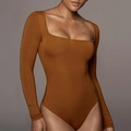 Close-up of caramel brown long sleeve bodysuit with elegant square neck and slim fit - Square Neck Style (2835-Brown)
