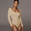 Detail of square neckline and fitted long sleeves on beige bodysuit for women - Square Neck Style (2835-Apricot)