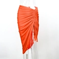 Detail view of the side drawstring ruching and irregular hem on this orange bodycon skirt - S / Orange