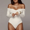 White ribbed long sleeve bodysuit with V-neckline and slim fit for women - S / White
