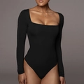 Close-up of black long sleeve square neck bodysuit with premium elastic fabric texture - Square Neck Style (2835-Black)