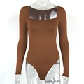Detail of square neck and high-stretch fabric on dark brown long sleeve bodysuit - S / Dark Brown