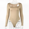 Close-up of the square neck and high-cut crotch detail on the khaki bodysuit - S / Khaki