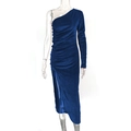 Detail of elegant navy velvet dress showing ruched texture and high side leg slit - S / Blue