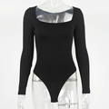 Detailed view of black slim fit square neck bodysuit with long sleeves on mannequin - S / Black