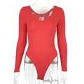 Detailed close-up of red ribbed knit texture and deep V-neckline of long sleeve bodysuit - S / Red