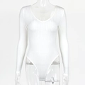 Macro detail of white ribbed knit long-sleeve bodysuit with deep V-neckline and slim fit - S / White