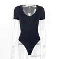 Detail of black V-neck bodysuit featuring short sleeves and sleek slim-fit ribbed texture - S / Black