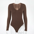 Detailed view of dark brown long sleeve V-neck bodysuit in slim fit elastic fabric - S / Coffee