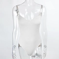 Slim fit white V-neck bodysuit with thin spaghetti straps for a minimalist summer look - S / White