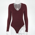 Detail of burgundy deep V-neck long sleeve bodysuit in soft elastic ribbed fabric - S / Burgundy