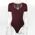 Detail view of burgundy V-neck short sleeve bodysuit with high-cut design on mannequin - S / Burgundy