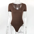 Detail view of deep brown short sleeve bodysuit featuring a sexy V-neckline and slim fit - S / Coffee