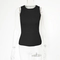 Detail view of the ribbed texture and round neckline on a black slim fit knit tank top - S / Black