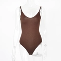 Detailed view of dark brown spaghetti strap bodysuit with scoop neck on mannequin - S / Coffee
