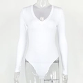 Close-up of white long sleeve V-neck bodysuit showing high-elasticity fabric on a mannequin - S / White