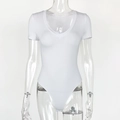 Detail view of white short-sleeve V-neck bodysuit with slim fit on transparent mannequin - S / White
