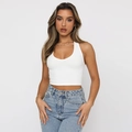 Débardeur court blanc dos nu à col en V pour femme en maille côtelée style bohème - Blanc