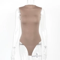 Detail view of coffee brown sleeveless bodysuit with high neck and stretch knit texture - S / Apricot