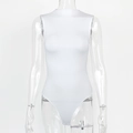Detail of white mock neck sleeveless bodysuit with stretch fabric on a clear mannequin - S / White