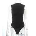 Detail of minimalist black sleeveless bodysuit with high-stretch knit texture and slim fit - S / Black
