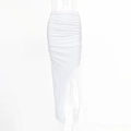 Detail view of white ruched skirt showing asymmetrical hem and textured fabric on ghost mannequin - S / White