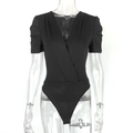 Elegant black deep V-neck bodysuit with pleated puff sleeves and slim fit design - S / Black