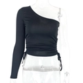 Slim fit black one shoulder long sleeve crop top with side drawstring details - S / Black