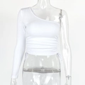 Detail of white one-shoulder long sleeve top with adjustable drawstring ruched side - S / White